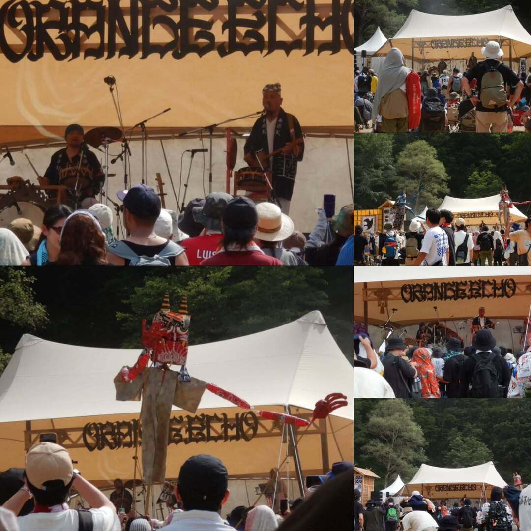 waskaz's tweet image. オレンジのステージが、今年からORANGE ECHOと名前が変わりました。次はヘブンのつもりですが、それまで南部式を観てみましょう。宮崎南部の都城辺りで活動する新民謡バンドで、なまりも曲調も合いの手も沖縄民謡みたい。
竜が舞ったり、大人形が出たり。お祭り楽しいです。