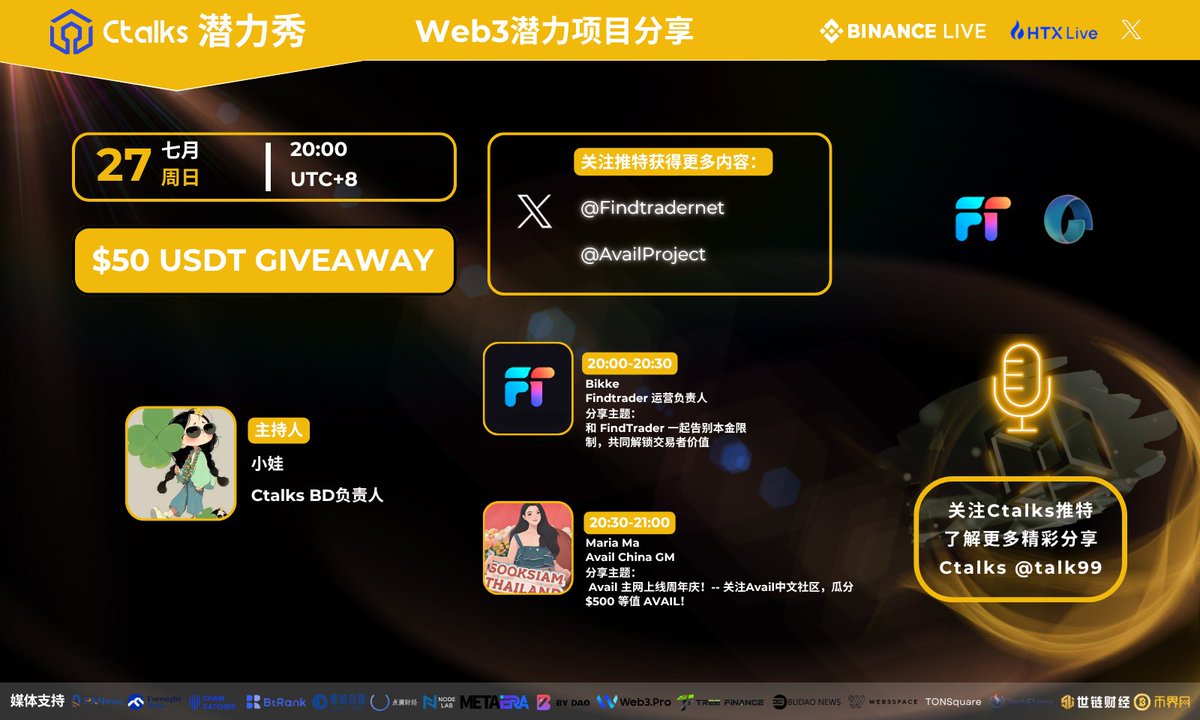 🎙 Ctalks 潜力秀活动预告来袭
⏰7月27日 20:00 | UTC+8

🚀Web3 三大主流平台直播，热度拉满
✅Binance Live 
✅HTX Live 
✅X Live 

🩷设置好闹钟，和我们一起探索潜力项目，挖掘财富密码

🧧🧧看直播，领红包
🔥🔥一起发现财富密码

👏主持人及嘉宾
<a href="/xiaowa220/">蒋小娃</a>

Bikke  <a href="/Findtradernet/">Findtrader</a>
Maria Ma