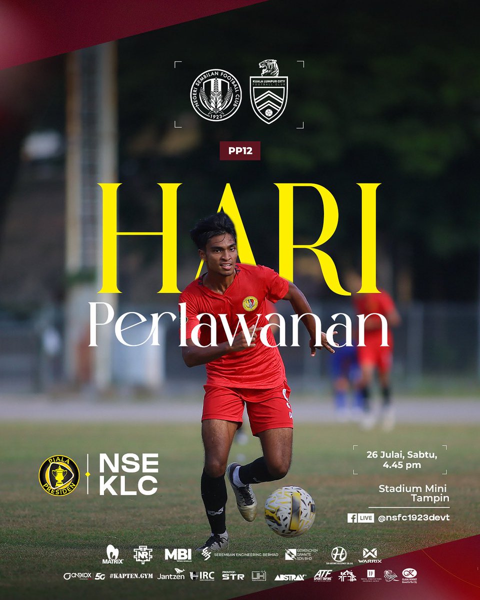 nsfc1923devt's tweet image. 🚨 HARI PERLAWANAN PIALA PRESIDEN 2025

#JangMudo akan menentang KL City FC petang ini di Stadium Mini Tampin. 🟡⚫️🔴

📺 Perlawanan ini boleh disaksikan secara langsung di laman Facebook rasmi @nsfc1923devt

#NSFC
#HobinJangHobin
#NSFCdevt
#PialaPresiden2025