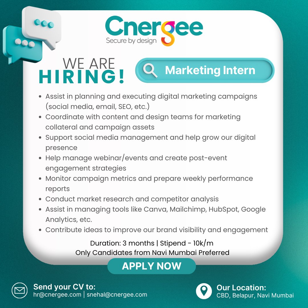 CnergeeTech's tweet image. We&apos;re Hiring: Marketing Intern

Are you passionate about branding, digital marketing, and creative storytelling? Cnergee Technologies is looking for a dynamic Marketing Intern to join our growing team!
Send your updated resume on - hr@cnergee.com|snehal@cnergee.com