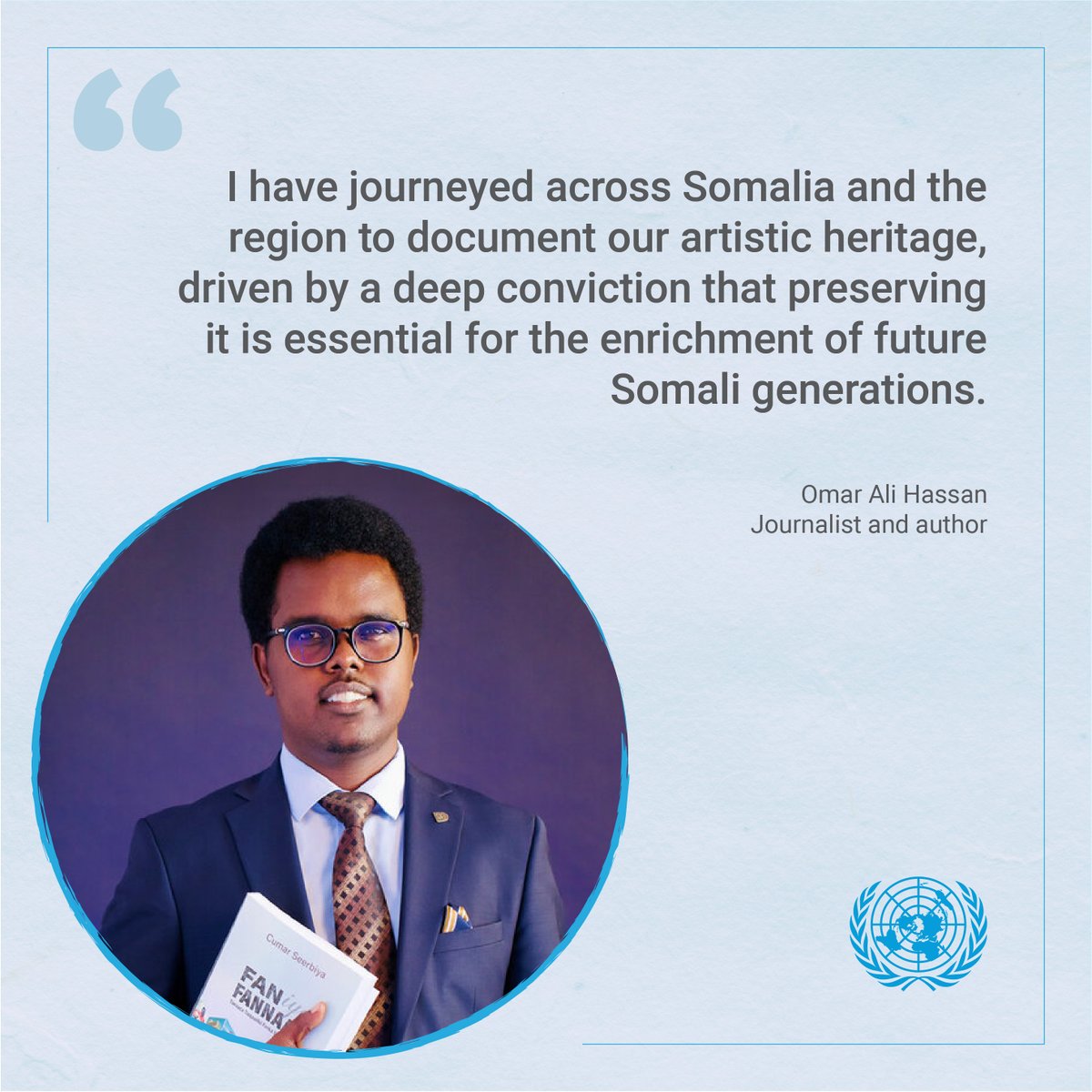 UNTMIS_'s tweet image. 𝗜𝗖𝗬𝗠𝗜: Somali Voices — Omar Ali Hassan, a passionate advocate for Somalia’s rich artistic heritage, dedicated his life to preserving and sharing the stories of Somali artists. His book 'Fan iyo Fannaan' (The art and the artist) is an important account that celebrates the…