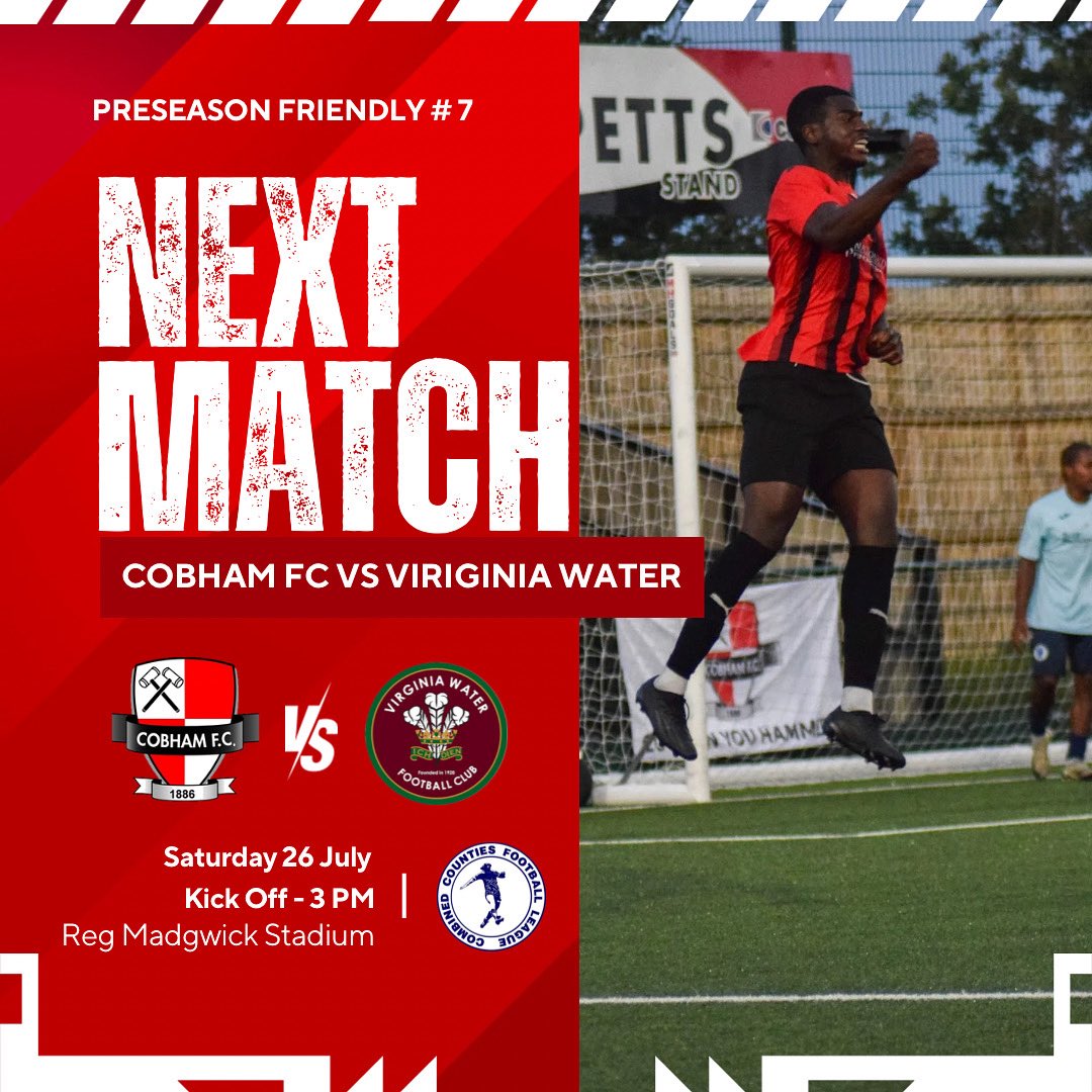 COBHAM FOOTBALL CLUB (@cobham_fc) on Twitter photo โฝ๏ธ ๐จ๐ฝ ๐ก๐ฒ๐
๐ | Its Matchday and we take on Virginia Water
๐ <a href="/vwfcofficial/">Virginia Water FC</a>
๐ Friendly
๐๏ธ SAT 26 JUL
๐ 3PM KO
๐๏ธ The Reg Madgwick Stadium (KT11 1AA)
๐๏ธ Adults ยฃ5 | U16 Free
๐ ๐บHot Food and Drinks Available
๐จ๐ฝ ๐ง๐ต๐ฒ ๐๐ฎ๐บ๐บ๐ฒ๐ฟ๐! โ๏ธโค๏ธ โฝ๏ธ ๐จ๐ฝ ๐ก๐ฒ๐
๐ | Its Matchday and we take on Virginia Water
๐ <a href="/vwfcofficial/">Virginia Water FC</a>
๐ Friendly
๐๏ธ SAT 26 JUL
๐ 3PM KO
๐๏ธ The Reg Madgwick Stadium (KT11 1AA)
๐๏ธ Adults ยฃ5 | U16 Free
๐ ๐บHot Food and Drinks Available
๐จ๐ฝ ๐ง๐ต๐ฒ ๐๐ฎ๐บ๐บ๐ฒ๐ฟ๐! โ๏ธโค๏ธ