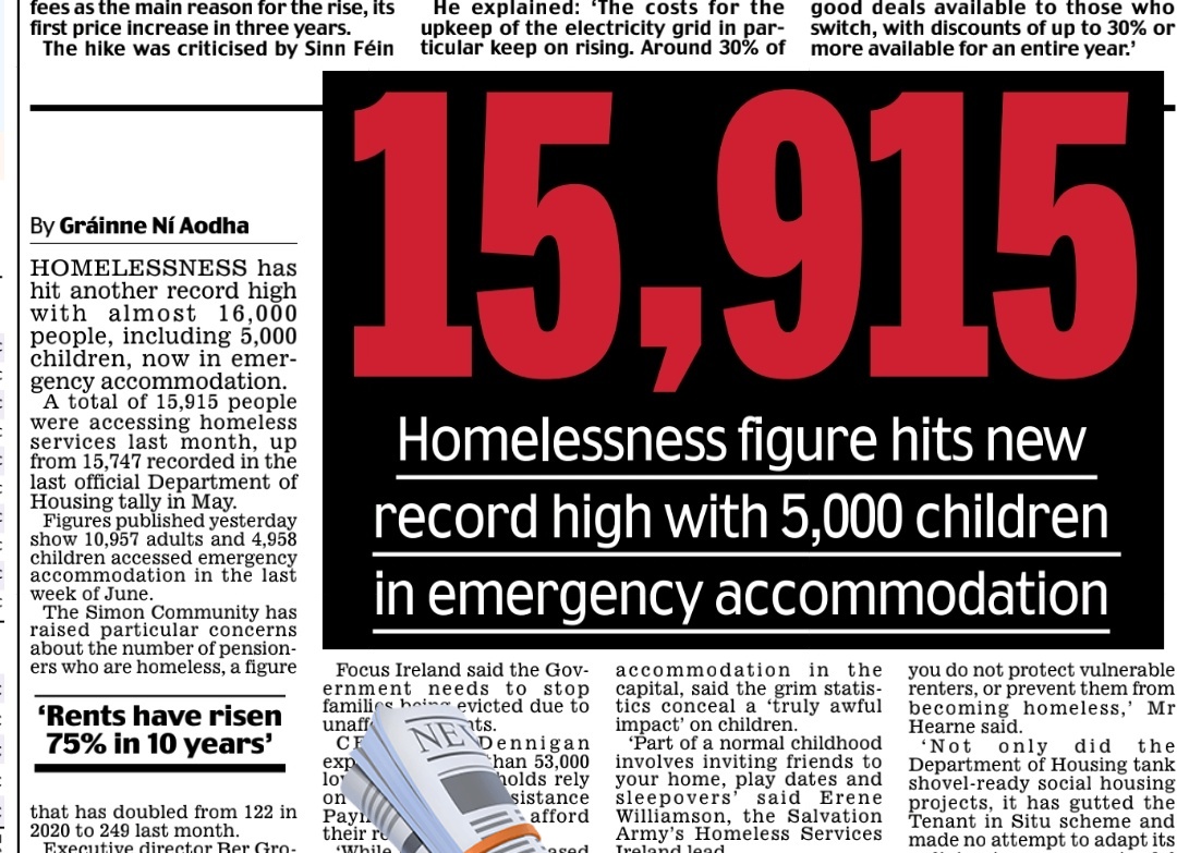 15,915 
Homeless figure hits new record high with 5,000 children in emergency accommodation. 

Childhoods are being repressed

Rents have risen 75% in 10 years

#HomelessCrisis #IrelandisBroken 
#HousingDisaster #FFG