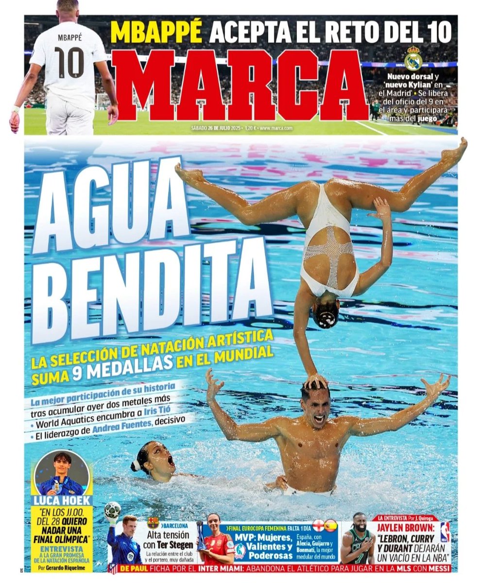Esto debería ser lo normal en un diario deportivo, no la excepción. Bienvenida sea esta portada del diario Marca dedicada a las 9️⃣ medallas mundiales 🌎 de la natación artística española 🇪🇦.