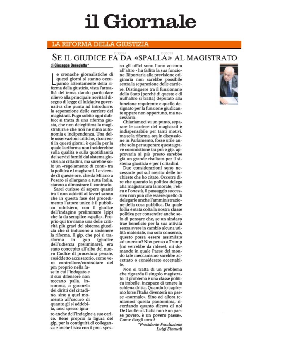 Fondazione Luigi Einaudi (@fleinaudi) on Twitter photo Oggi il PM accusa, il GIP gli fa da spalla e il cittadino paga. La #separazionedellecarriere non è un dettaglio tecnico: è il primo passo per una giustizia giusta
Imperdibile articolo del Presidente <a href="/avvbenedetto/">Giuseppe Benedetto</a> oggi su <a href="/ilgiornale/">ilGiornale</a> 🗞️ Oggi il PM accusa, il GIP gli fa da spalla e il cittadino paga. La #separazionedellecarriere non è un dettaglio tecnico: è il primo passo per una giustizia giusta
Imperdibile articolo del Presidente <a href="/avvbenedetto/">Giuseppe Benedetto</a> oggi su <a href="/ilgiornale/">ilGiornale</a> 🗞️