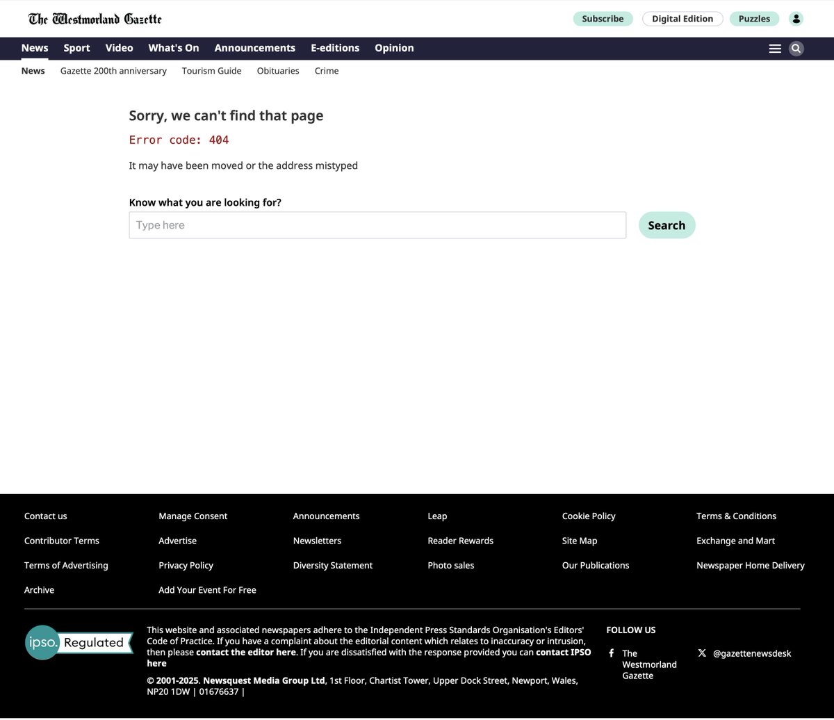 Well that's odd. 24 hours ago The Westmorland Gazette posted a story about swimmers getting sick while taking part in the Great North Swim on Windermere. Apparently sewage was being dumped into the lake at the time.

1 day later the article has disappeared from their website.