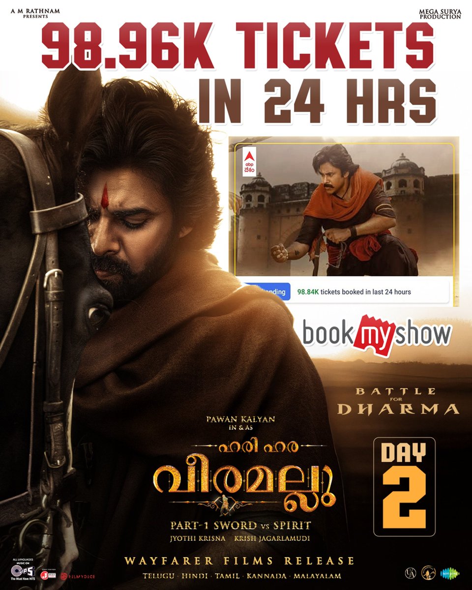 VRFridayMatinee's tweet image. Approximately 100 K tickets sold on day 2 for #HariHaraVeeraMallu via @bookmyshow