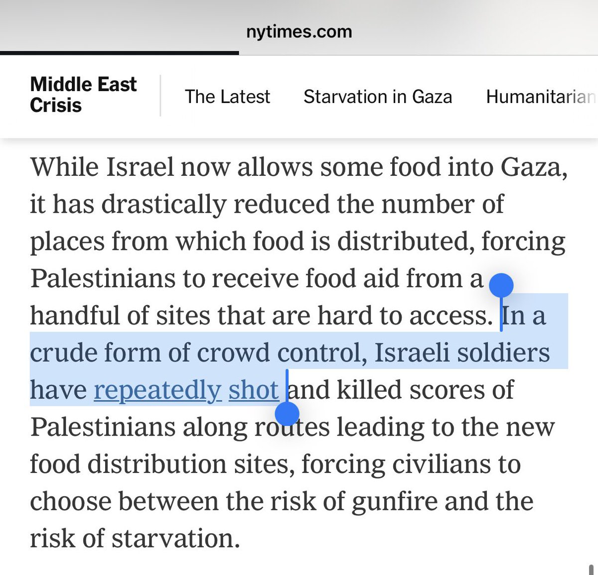 Laila Al-Arian (@lailaalarian) on Twitter photo How <a href="/nytimes/">The New York Times</a> describes Israel shooting and killing hundreds of starved Palestinian civilians waiting for food.
“Crude form of crowd control” How <a href="/nytimes/">The New York Times</a> describes Israel shooting and killing hundreds of starved Palestinian civilians waiting for food.
“Crude form of crowd control”