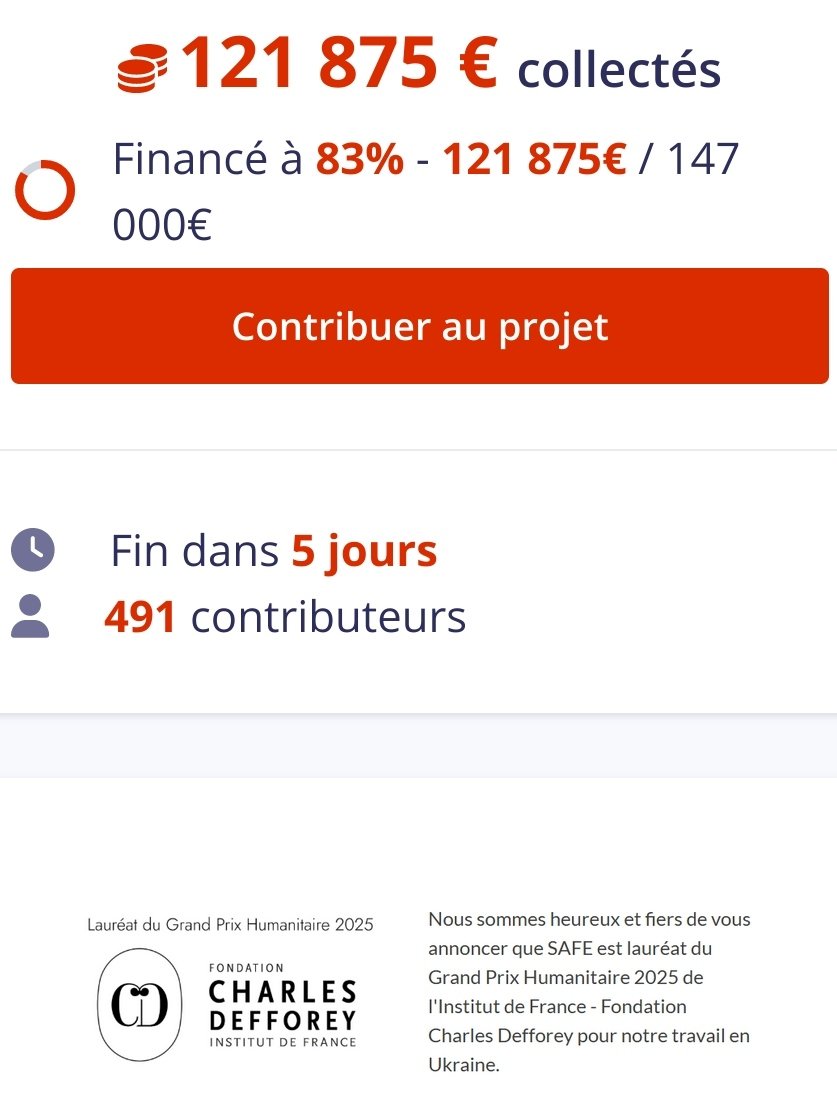1/4 il reste 5 jours pour cette collecte. Hier, près de 2000€ collectés. Merci. Partagez un max ! C'est urgent pour sauver des vies. Bilan de cette semaine et prochaines actions : on vous raconte.
🆘🆘🆘 <a href="/AudrandS/">Stéphane Audrand</a> <a href="/Tatou_Ania/">тату Аня ❤️ Наталія зубко</a> <a href="/PeurAvion/">Xavier Tytelman</a>