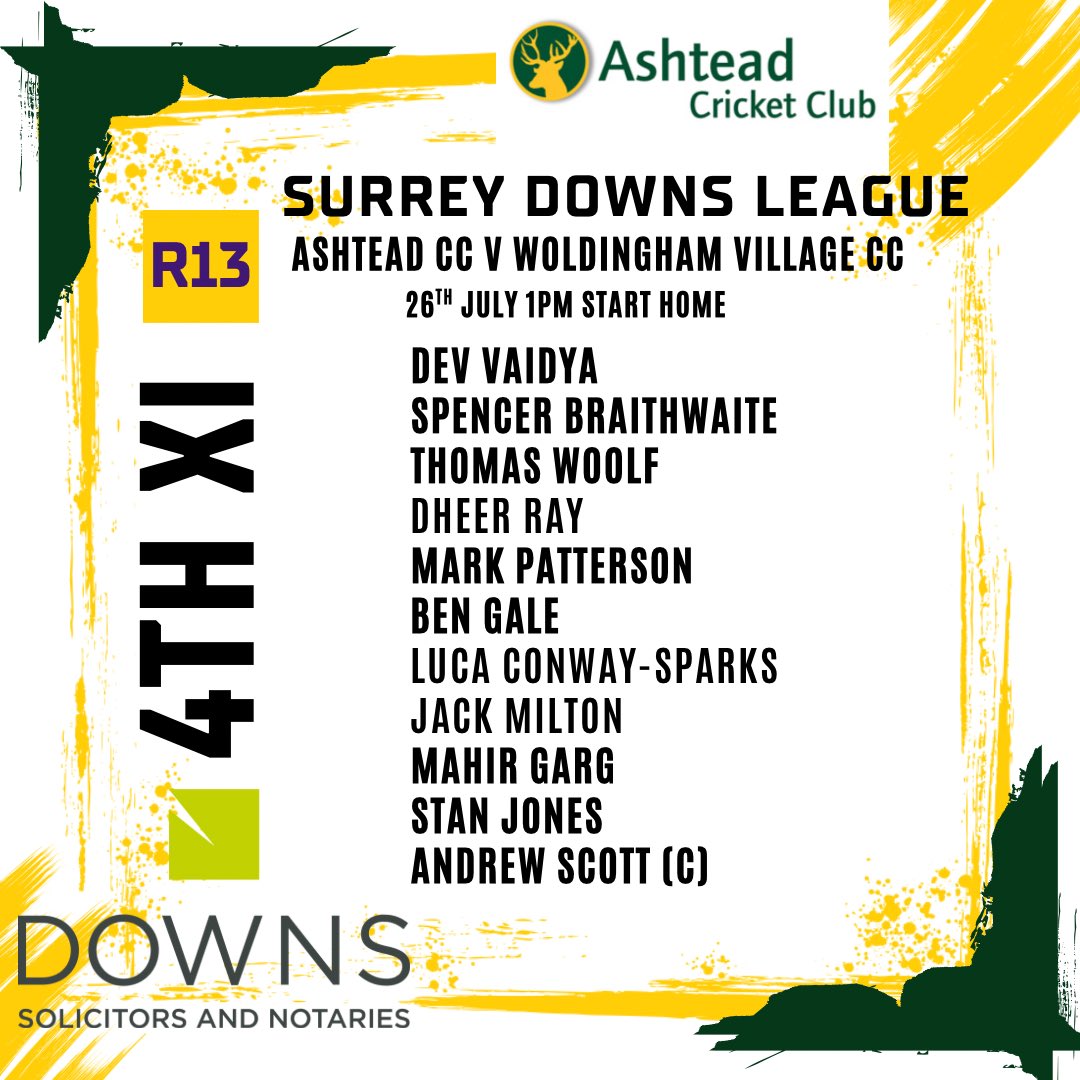 Ashtead Cricket Club (@ashteadcc) on Twitter photo Team sheets for todays league fixtures - Good luck to all 🏏👏Thx to kit sponsor <a href="/DownsSolicitors/">Downs Solicitors LLP</a> Team sheets for todays league fixtures - Good luck to all 🏏👏Thx to kit sponsor <a href="/DownsSolicitors/">Downs Solicitors LLP</a>