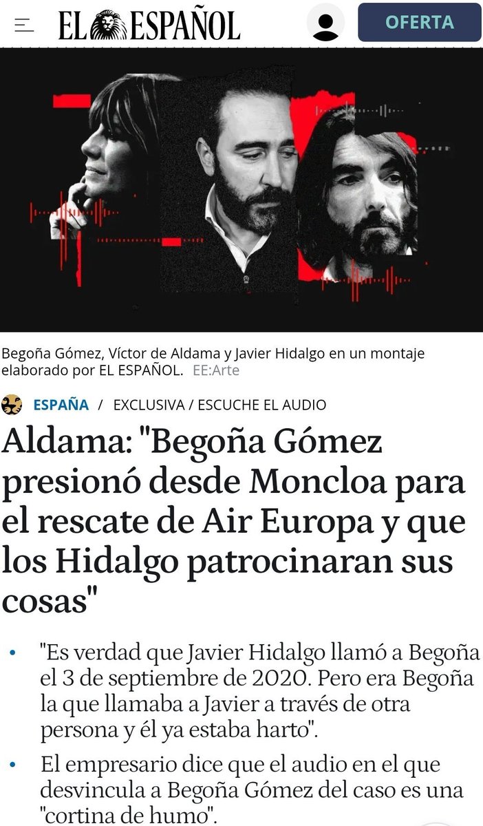 Miss Bennet (@miss_bennet5) on Twitter photo Tenemos a Aldama señalando directamente a Begoña Gómez como la persona que presionaba desde Moncloa para el rescate de Air Europa, pero toda la Sincro, las televisiones, tertulias y artículos de opinión siguen con los currículos de la derecha.
Así es imposible. Tenemos a Aldama señalando directamente a Begoña Gómez como la persona que presionaba desde Moncloa para el rescate de Air Europa, pero toda la Sincro, las televisiones, tertulias y artículos de opinión siguen con los currículos de la derecha.
Así es imposible.