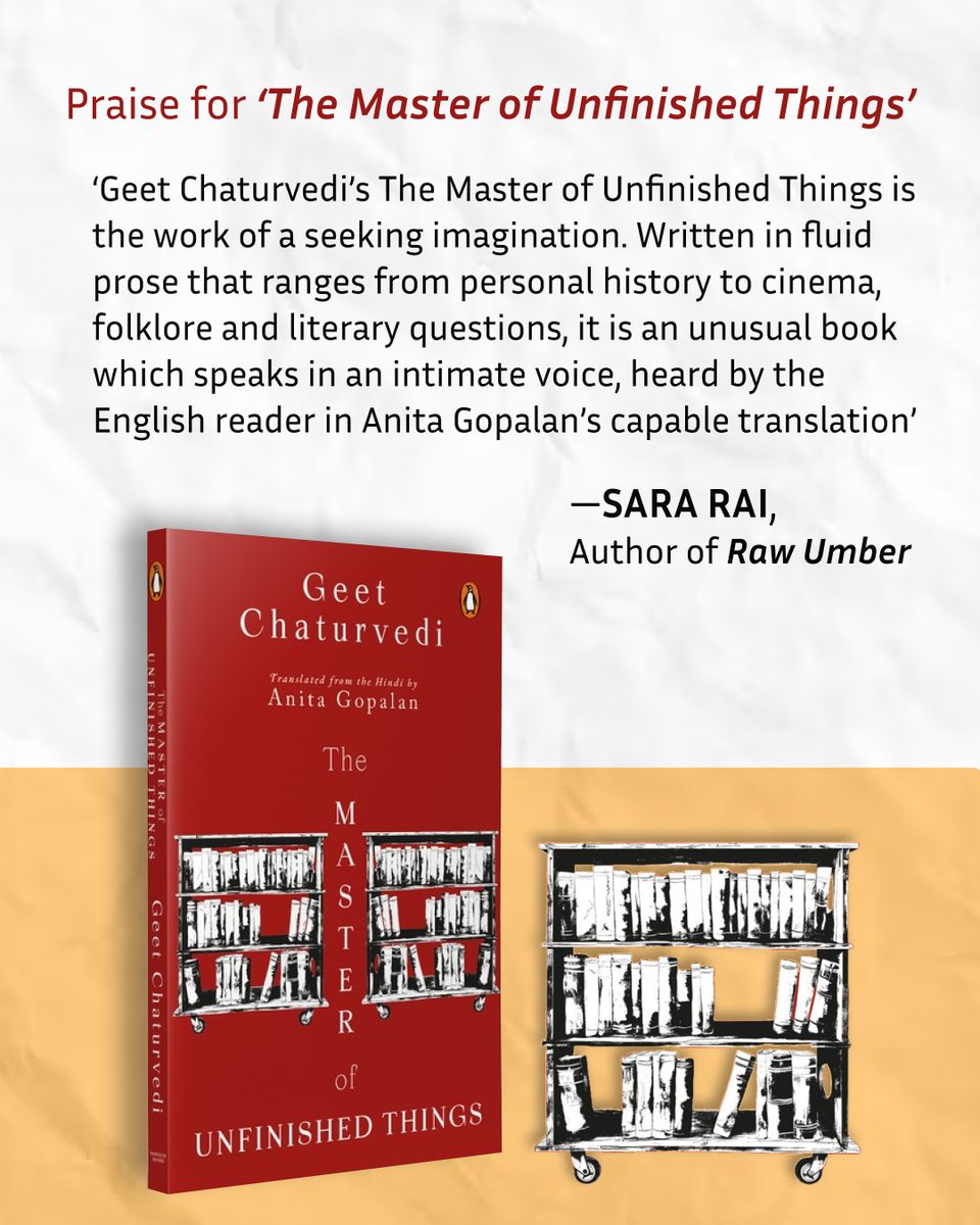 Anita Gopalan (@anitagopalan) on Twitter photo In the beginning, there is music
In the end, there is music
What lies in between is literature
This beautifully sums up the new eclectic work by <a href="/GeetChaturvedi/">Geet Chaturvedi</a> in my tr, pub by Penguin.
THE MASTER OF UNFINISHED THINGS
One-of-a-kind lit NF you'll enjoy:)
amazon.in/Master-Unfinis… In the beginning, there is music
In the end, there is music
What lies in between is literature
This beautifully sums up the new eclectic work by <a href="/GeetChaturvedi/">Geet Chaturvedi</a> in my tr, pub by Penguin.
THE MASTER OF UNFINISHED THINGS
One-of-a-kind lit NF you'll enjoy:)
amazon.in/Master-Unfinis…