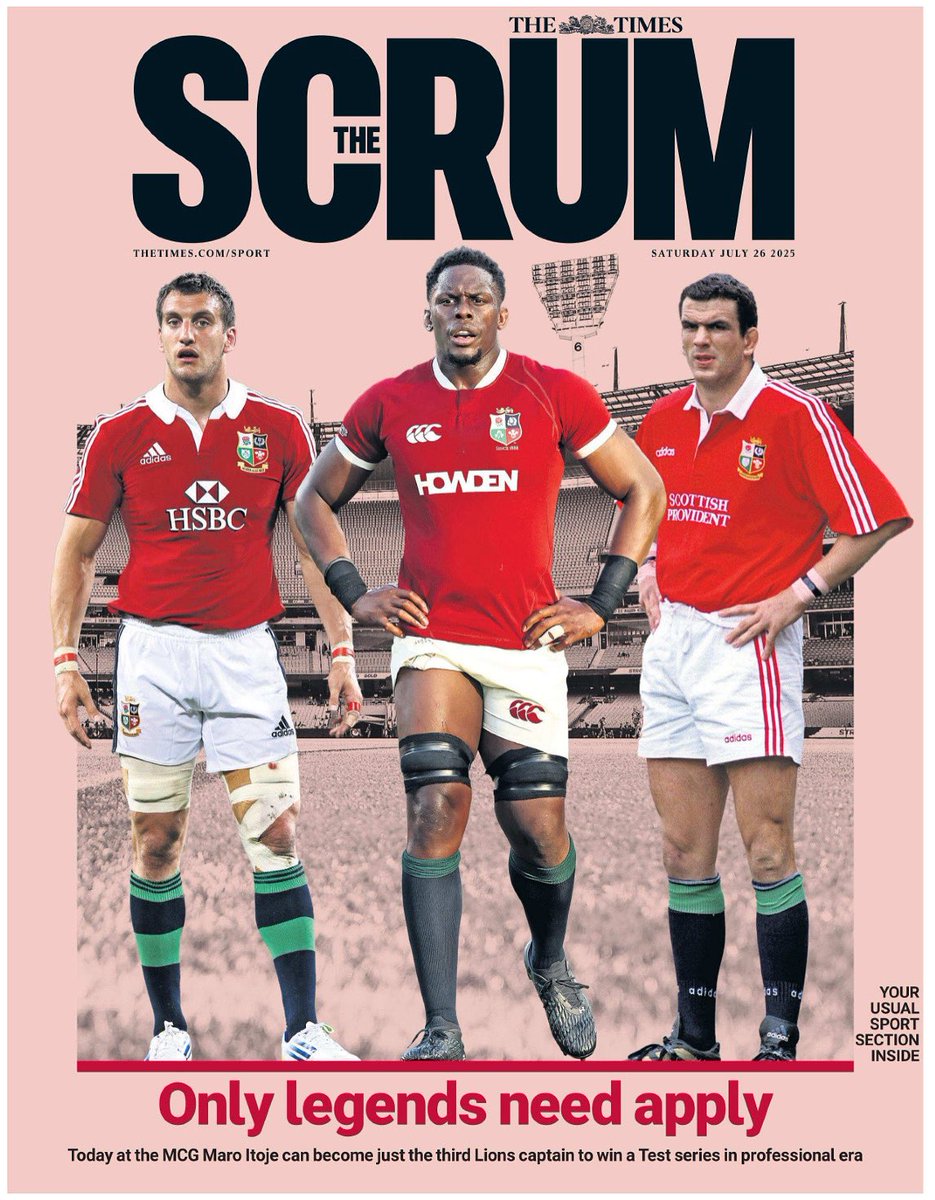 willgkelleher's tweet image. 🦁 🦁 🦁
@maroitoje stands at the front door of history.
Will he join Sam Warburton and Martin Johnson as a professional era Lions Test series winning captain today in Melbourne?
Our @timessport Scrum pullout packed with previews!