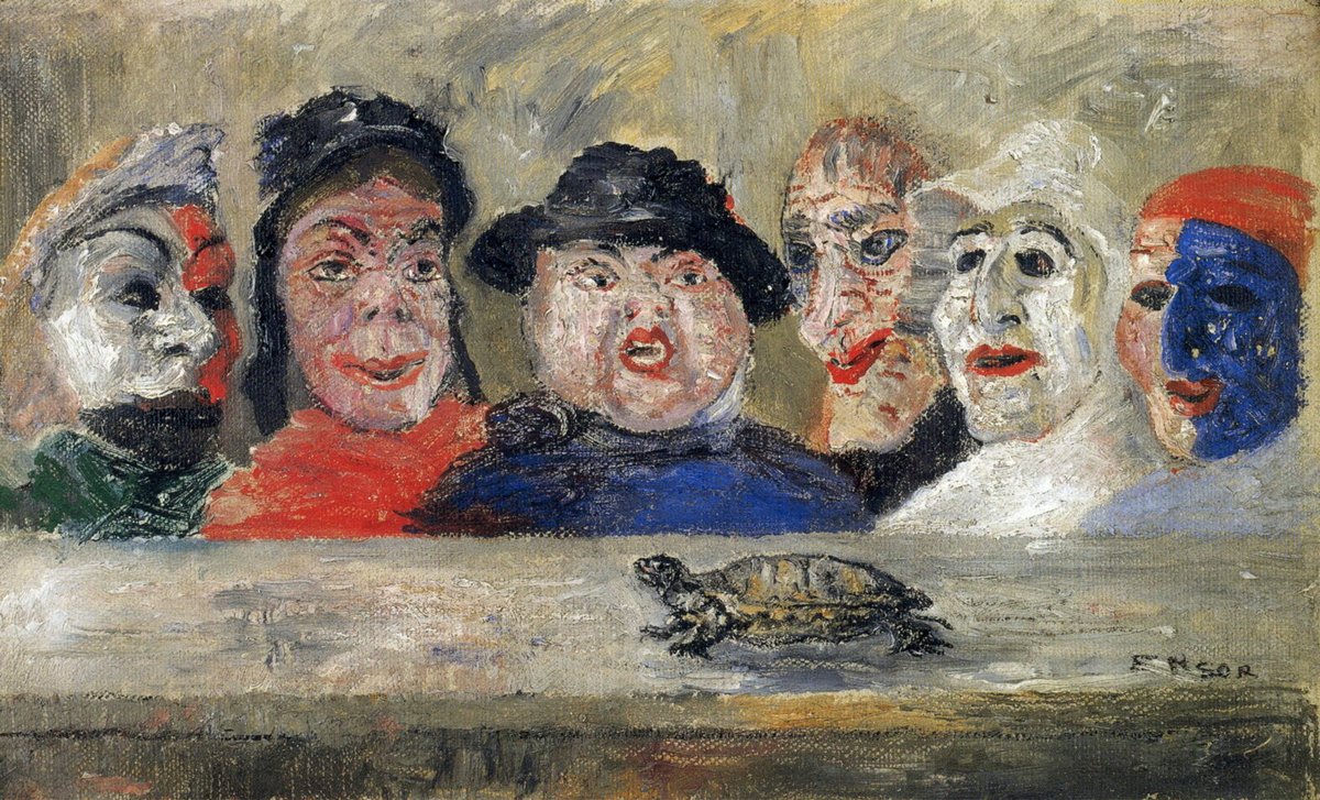 ArtistEnsor's tweet image. Masks looking at a tortoise #artbots #ensor