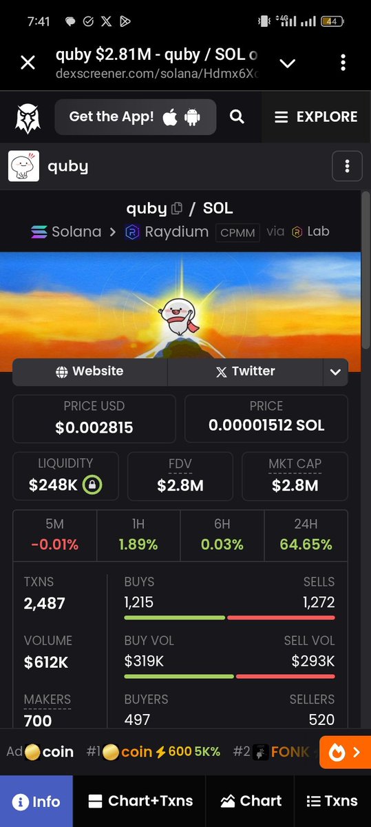CRYPTOJAY2050's tweet image. Called this on telegram at 1.5m MC

Also Shilled it in @nofxlines dm, but he&apos;s kinda busy

It peaked at 3m, currently 2.8million MC

Don&apos;t fade $QUBY