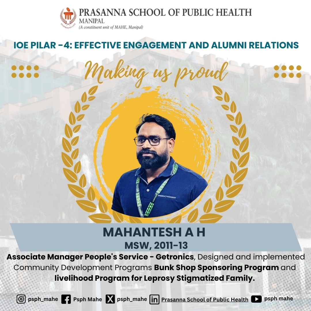 Proud of our PSPH <a href="/MAHE_Manipal/">Manipal Academy of Higher Education</a>  Alumni 
🏆 Sanjana – 2nd RU @ Novartis CoIN Hackathon
🌍 Rajesh – WHO-recognized for Tobacco Control
📚 Dnyata – SCOPUS-published in Healthcare
💡 Mahantesh – Led community dev. programs @ Getronics

#PSPH #MAHE #AlumniPride #IOEPillar4
