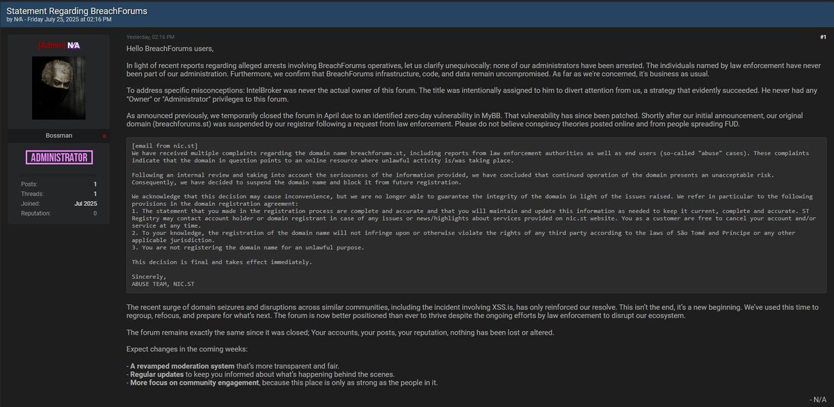 H4ckmanac's tweet image. 🚨BreachForums – Back Online or Honeypot?
A few hours ago, the admin of BreachForums denied recent rumors of administrator arrests, stating that none of their team members have been detained and that the forum’s infrastructure, code, and data remain intact. IntelBroker, they…