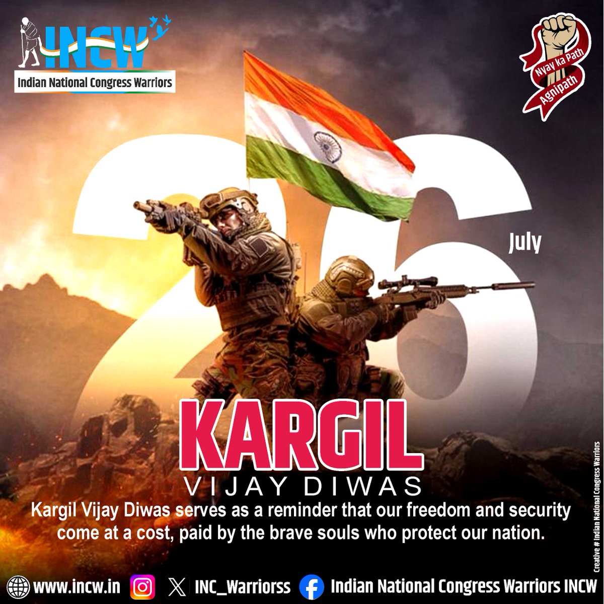 Indian National Congress Warriors, INCW (@inc_warriorss) on Twitter photo рджрд┐рд▓ рд╕реЗ рдирд┐рдХрд▓реЗрдЧреА рди рдорд░ рдХрд░ рднреА рд╡рддрди рдХреА рдЙрд▓реНрдлрдд
рдореЗрд░реА рдорд┐рдЯреНрдЯреА рд╕реЗ рднреА рдЦреБрд╢рдмреВ-рдП-рд╡рдлрд╛ рдЖрдПрдЧреА!
рдХрд╛рд░рдЧрд┐рд▓ рд╡рд┐рдЬрдп рджрд┐рд╡рд╕ рдкрд░ рд╕рднреА рдЕрдорд░ рд╢рд╣реАрджреЛрдВ рдХреЛ рд╕рд╛рджрд░ рдирдордиред рджрд┐рд▓ рд╕реЗ рдирд┐рдХрд▓реЗрдЧреА рди рдорд░ рдХрд░ рднреА рд╡рддрди рдХреА рдЙрд▓реНрдлрдд
рдореЗрд░реА рдорд┐рдЯреНрдЯреА рд╕реЗ рднреА рдЦреБрд╢рдмреВ-рдП-рд╡рдлрд╛ рдЖрдПрдЧреА!
рдХрд╛рд░рдЧрд┐рд▓ рд╡рд┐рдЬрдп рджрд┐рд╡рд╕ рдкрд░ рд╕рднреА рдЕрдорд░ рд╢рд╣реАрджреЛрдВ рдХреЛ рд╕рд╛рджрд░ рдирдордиред