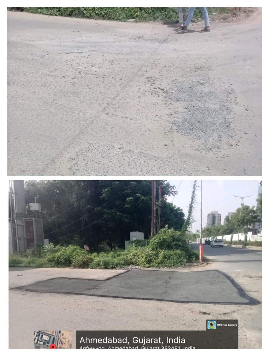AmdavadAMC's tweet image. Ahmedabad Municipal Corporation has completed infrared patchwork work in Sarkhej and initiated similar upgrades in Chandlodiya Ward to ensure pothole-free, durable roads. This advanced repair method improves road quality and travel comfort for citizens.

#InfraredPatchwork…