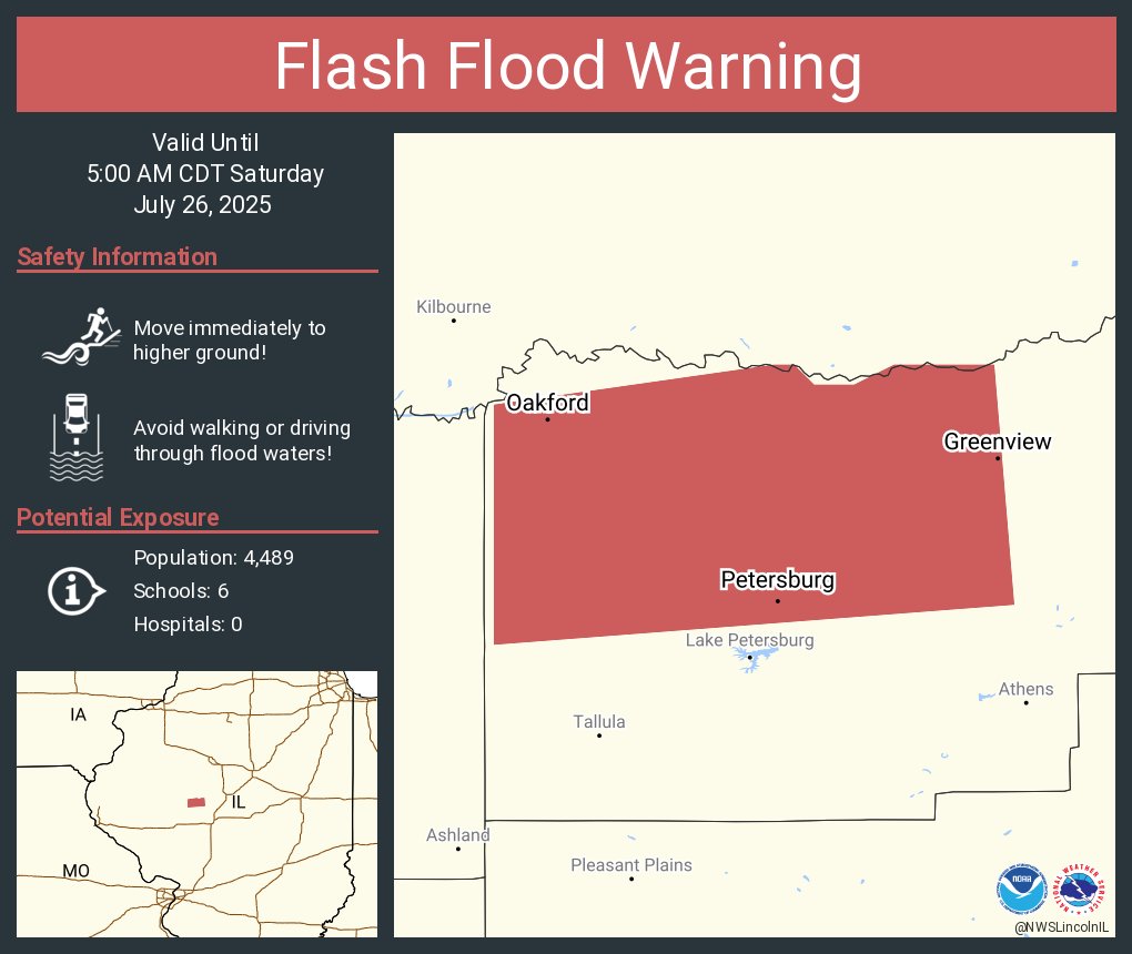 NWSFlashFlood's tweet image. Flash Flood Warning including Petersburg IL, Greenview IL and Oakford IL until 5:00 AM CDT
