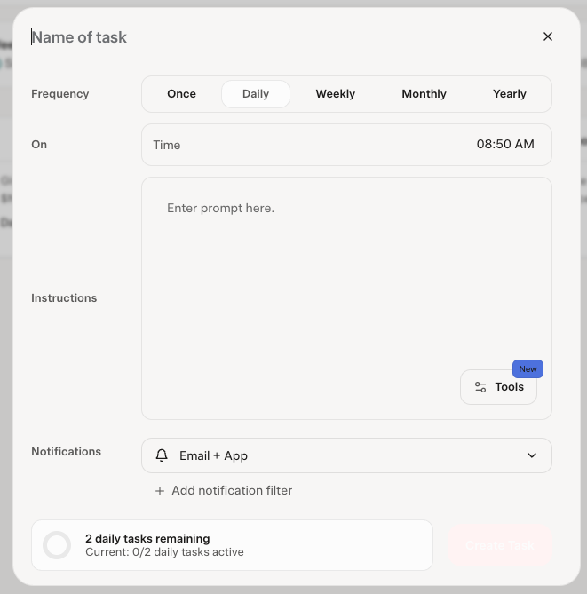 ChrisLemmer's tweet photo. @xai there is a bug in @grok. When scheduling a task, the button to click is invisible. I couldn't find it, and then realised it's a very light colour. https://t.co/gqVo7J6N6L