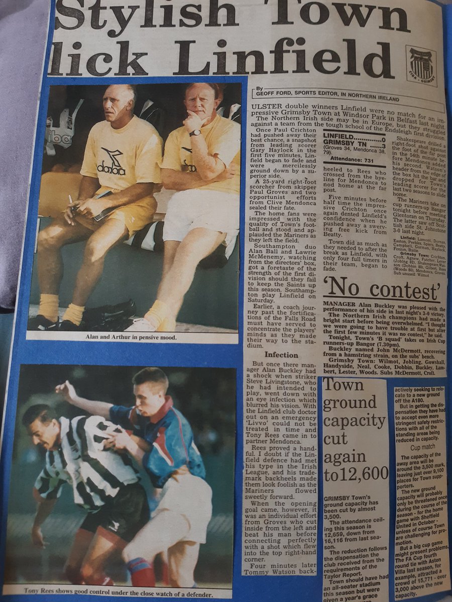 onthisGTFCday's tweet image. 26th July 1994 - Grimsby Town beat Linfield 3-0 on their Northern Ireland tour. Clive Mendonca scores twice with Paul Groves also on target for the Mariners in front of 731 at Windsor Park, home of Linfield and the National Team. #GTFC @OfficialBlues
