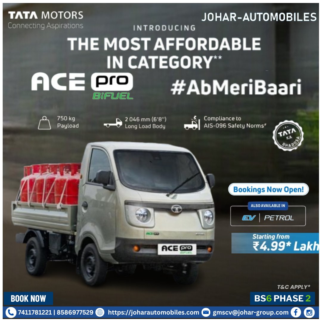 johartatamotors's tweet image. It's time to fulfill your dreams and soar. 

Available in Bi-fuel, Petrol, and EV variants to suit every business need.

अधिक जानकारी और गाड़ी बुक करने के लिए तुरंत संपर्क कीजिए जौहर ऑटोमोबाइल्स । -:📞+918586977535

#joharautomobiles #TataMotors  #ACEPro #ACEProbifuel #probifuel
