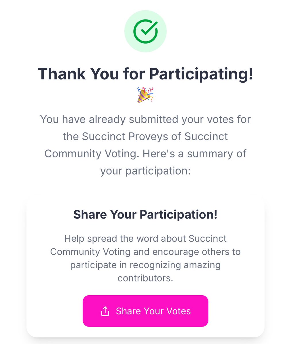 69onchain_'s tweet image. I’ve just cast my vote in the @SuccinctLabs community Proveys.
If you hold the Proof Verified role, make sure you participate as well.
Not incentivized tho.
Gprove 🫶