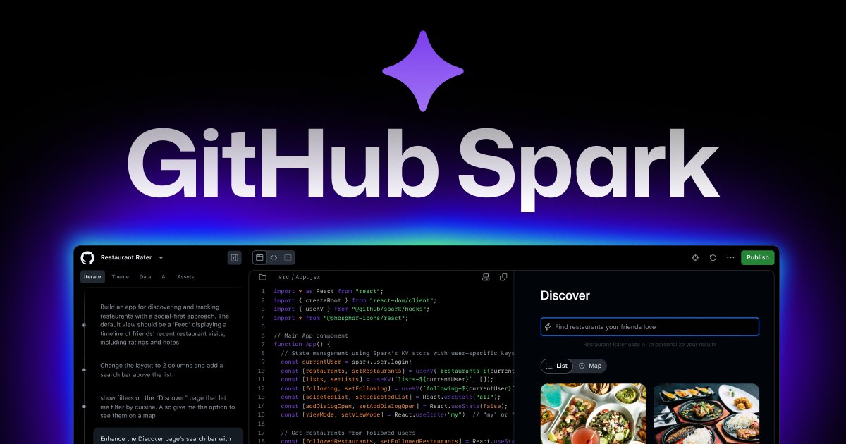 shekharrpatell's tweet image. GitHub just launched Spark! 🚀 An AI tool that builds &amp;amp; deploys full-stack apps from one prompt. Its superpower? Deep integration. Auto-creates repos, versions AI changes &amp;amp; has a visual UI editor. Live now for Copilot Pro+ users. 

#GithubSpark #AI #DevTools #Coding #Markets