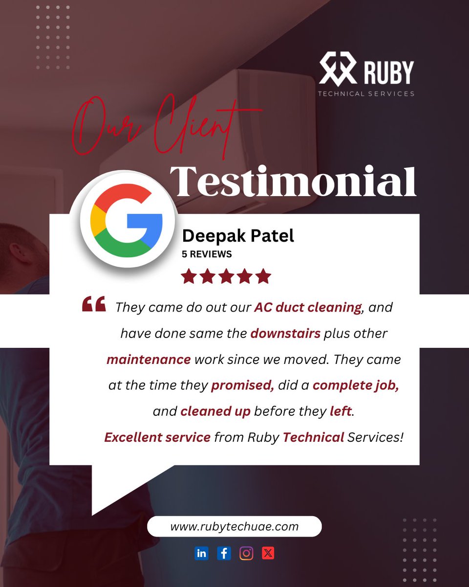 rubytechuae's tweet image. 🌟 Client Testimonial – Deepak Patel 🌟

🌐 rubytechuae.com

#RubyTechUAE #clienttestimonial #rubytechnicalservices #homecareuae #acductcleaning #uaemaintenance #trustedservices #happyclient #professionalteam #uaehomes #facilitymanagement #customerreview