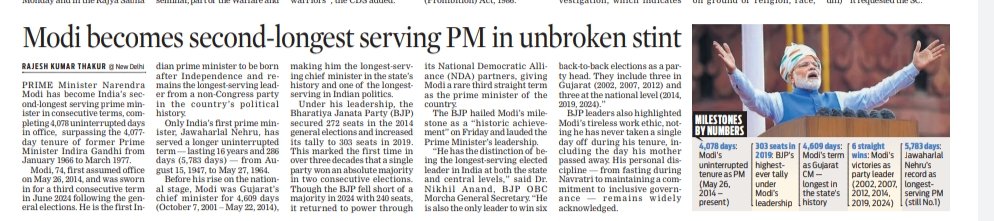 hajipurrajesh's tweet image. PM @narendramodi has become the second -longest serving PM in unbroken stint....@PMOIndia story @NewIndianXpress & @TheMornStandard