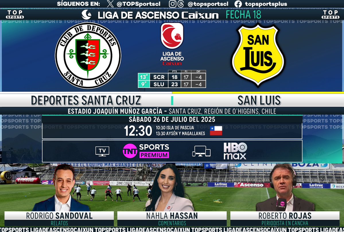 TOPSportscl's tweet image. #LigadeAscensoCaixun ⚽️🇨🇱 Fecha 18
#DeportesSantaCruz - #SanLuis
🎙️ Relatos: @RorroSandoval
🗣️ Comentarios: @nahla_hg
🏟️ Cancha: Roberto Rojas
#⃣ #MatchdaySábado - #LigadeAscenso
🖥️ @TNTSportsCL Premium
📱💻 @StreamMaxLA 🇨🇱
🔃❤️