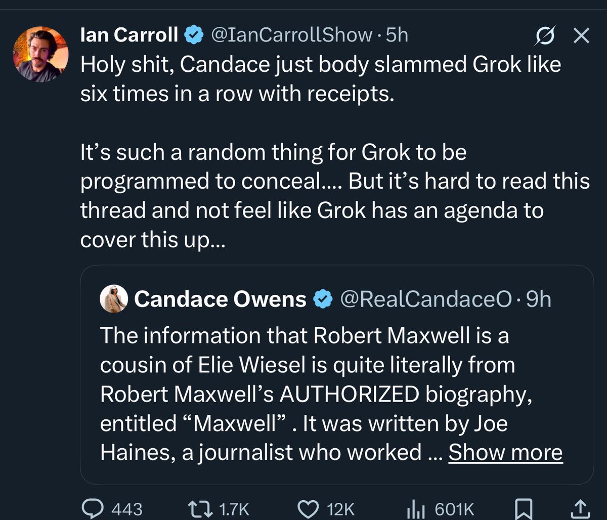 yourfriendSOMMI's tweet image. โค๏ธ๐๐๐
๐จ BREAKING ๐จ
๐ฎ๐ฑ Candace Owens proves Elon Muskโs Grok AI is controlled by Israelโs Mossad.
Grok, the Blue-Pilled Cuck AI, specifically lies about Jeffrey Epstein facts and ignores confirmed information.
Nobody is surprised.