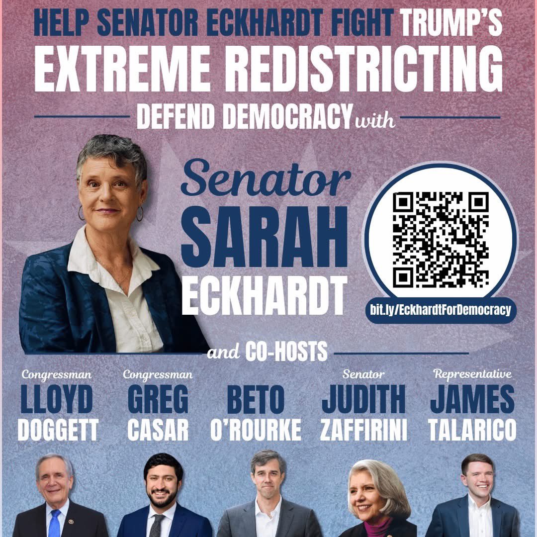 StevenRivas's tweet image. Redistricting is how they’re rigging the midterms. We’re fighting back!
Grateful to @SarahEckhardtTX for uniting a powerhouse team to defend democracy: @RepLloydDoggett @RepCasar @NathanForTexas @JudithZaffirini @jaworskifortx
🎯 Help fund Sarah’s fight: secure.ngpvan.com/iliw3aCAVEiC0N…