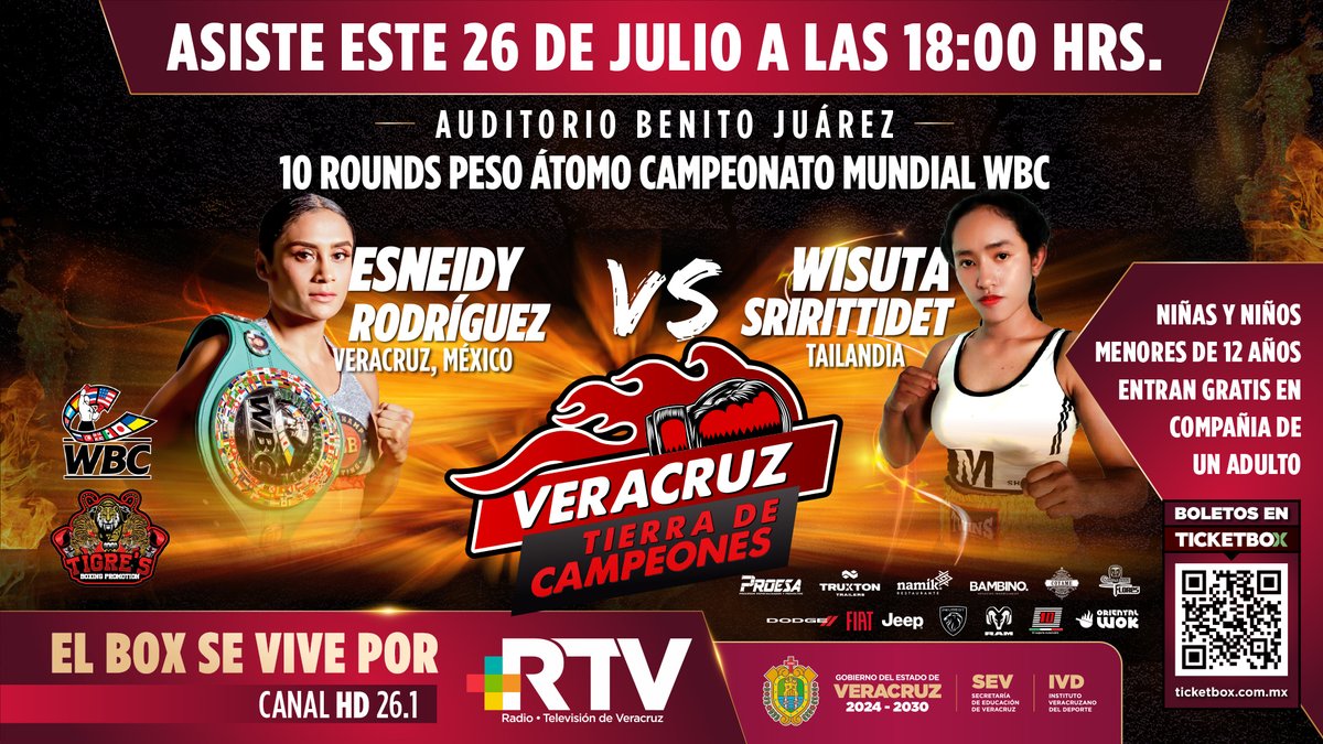 🥊 #VeracruzTierraDeCampeones
Esneidy "La Leona" Rodríguez 🦁 defiende su título mundial WBC Peso Átomo frente a la tailandesa Wisuta Sririttidet.

📅 Sábado 26 de julio | 🕕 18:00 hrs.
📍 Auditorio Benito Juárez, Veracruz
🎟 ¡Asiste y vive la emoción en vivo!
🎫 Compra tus