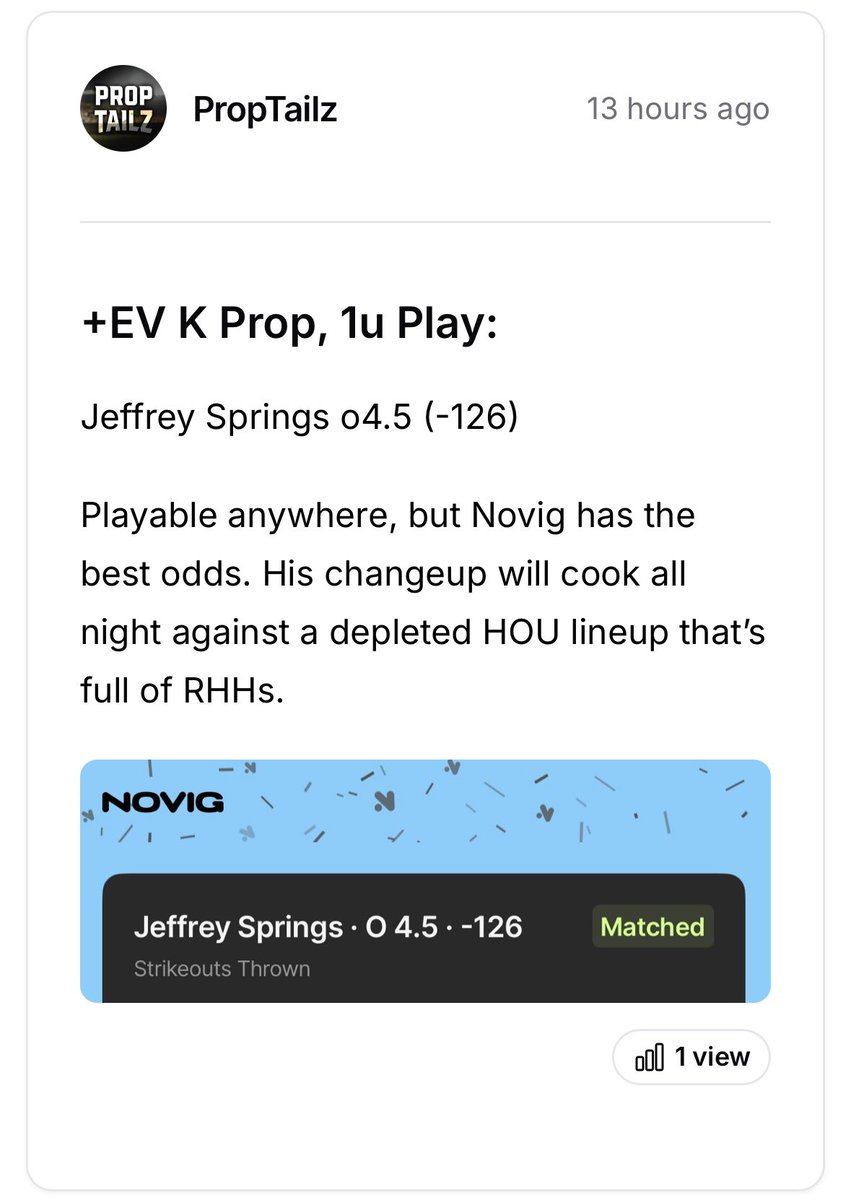 PropTailz's tweet image. When you post 3 +EV early props, and they all hit… 😮💨🔥
Simpson (-135) ✅
Springs (-126) ✅
Walker (-117) ✅
Come get your free trial: dubclub.win/PropTailz/ I don’t take days off; just nonstop +EV every damn day. Volume is king! 📈
#Gambling𝕏 #PlayerProps #Novig