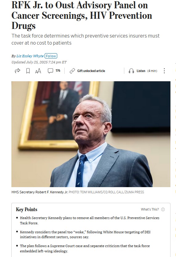 greg_folkers's tweet image. .@WSJ : RFK Jr. to Oust Advisory Panel on Cancer Screenings, HIV Prevention Drugs
on.wsj.com/45marWv