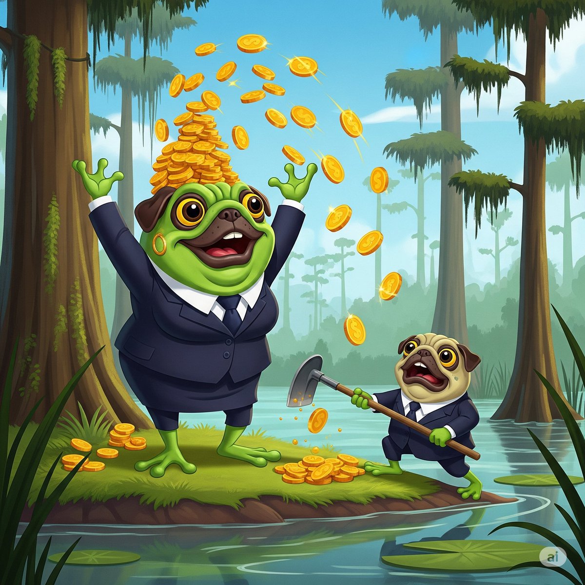 FruglyFam's tweet photo. "Boy, Me-maw says you ‘n me gotta haul our butts to the big ol’ city and sweet-talk them banker folk into helpin’ us git some kinda public transpertation out here in this dang swamp!" https://t.co/079YWolFWn #pumpdotfun #crypto #swamp #memecoin #frugly #fruglycoin #cartoon https://t.co/qW1Ne1GCoY