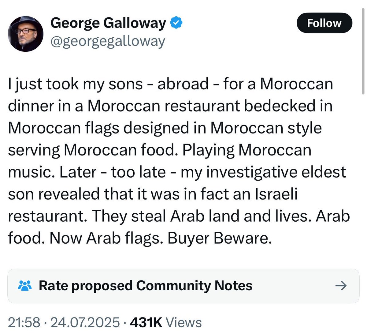ferezmanuel's tweet image. Galloway es de esos mercenarios ignorantes que desconoce que la vida judía en el territorio marroquí es milenaria. De ahí que Galloway se escandalice porque un restaurante judío sirva comida marroquí
Así de estúpidos son los mercenarios como Galloway