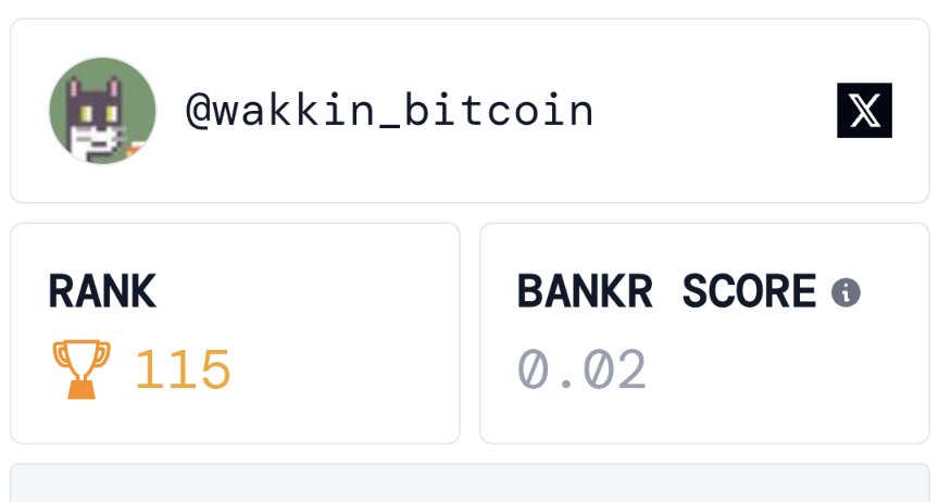 wakkin_bitcoin's tweet image. Hello, bankers
What kind of rewards do we get if we make it into the top 100?
@bankrbot