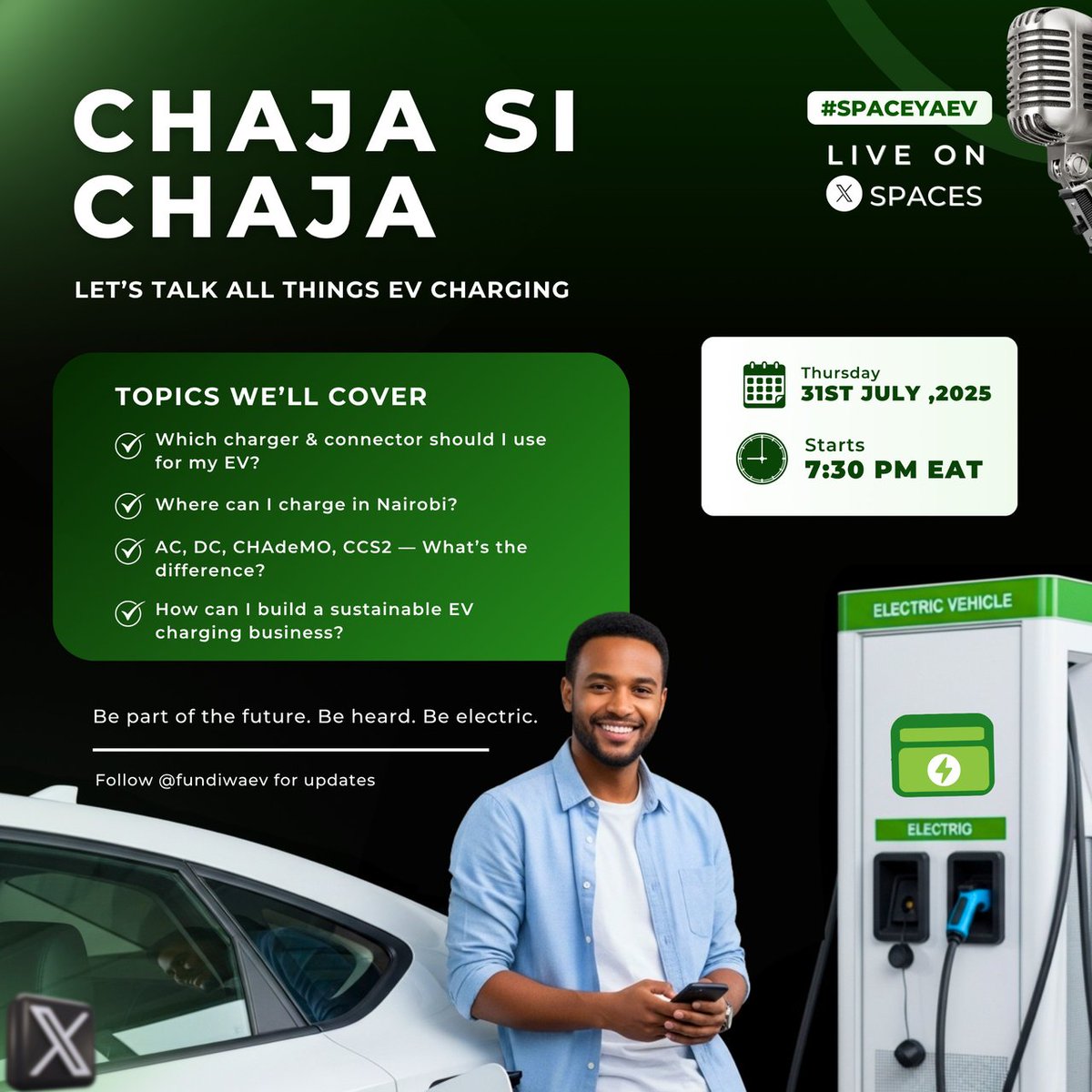 fundiwaev's tweet photo. Remember, not just any EV Charger will be able to charge your vehicle, connectors also come into play. Join us next week on Thursday 31st July 2025. Live on X where we shall be discussing everything EV Charging.  Kumbuka, #ChajaSiChaja😀
https://t.co/yCr5NixeT7 https://t.co/lM1CpijRAA