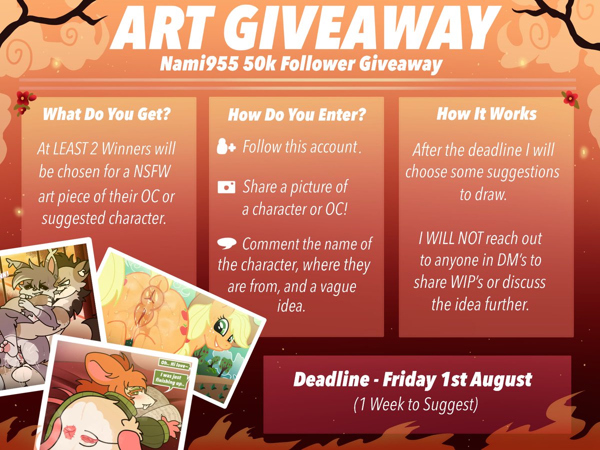 🔥ART GIVEAWAY🔥
To celebrate 50k, I'm gonna do a little art giveaway!

Despite the shit show going on in the world right now, let's try and enjoy ourselves whilst we still can! NSFW suggestions ONLY this time BABYYYY!

🗓️August 1st deadline!

🔻More info in the image!🔻