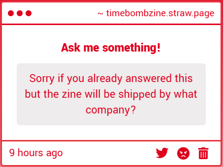 TimeBombZine's tweet image. We will be using USPS! If you would like us to use another service instead, we can do that for you but you will likely have to pay extra to cover the fees.