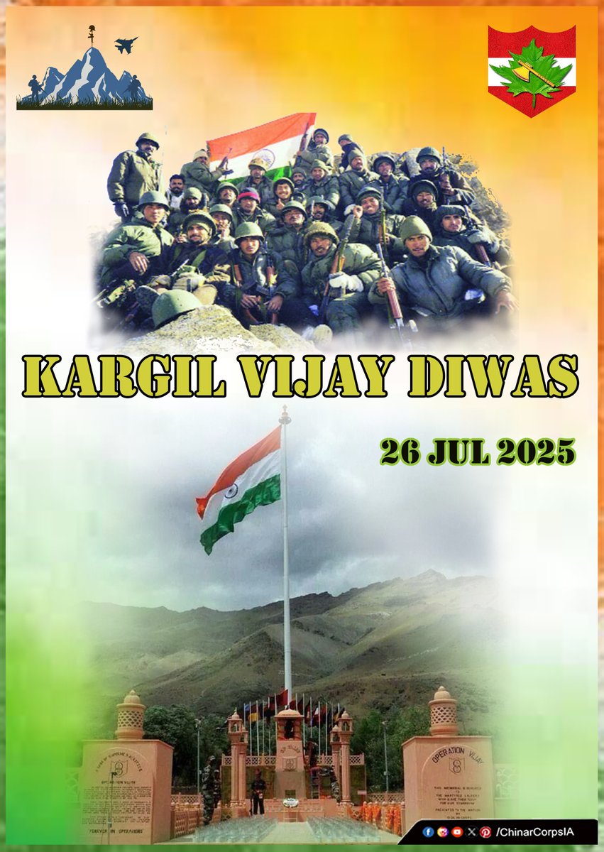 "Courage stood unyielding in the face of adversity; devotion carved the path to freedom. Their legacy is the soul of Nation’s pride."

Chinar Corps pays tribute to the bravery and supreme sacrifice of the Bravehearts on the 26th Kargil Vijay Diwas.

#Kashmir 
#KVD2025