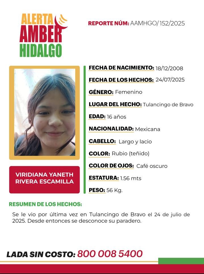 ReporteMxNotic1's tweet image. Se busca a VIRIDIANA YANETH RIVERA ESCAMILLA, desaparecida el 24 de julio de 2025 en el municipio de Tulancingo, Hidalgo
#HastaEncontrarla @PGJE_Hidalgo @FGRMexico @SSPCMexico
facebook.com/photo/?fbid=11…