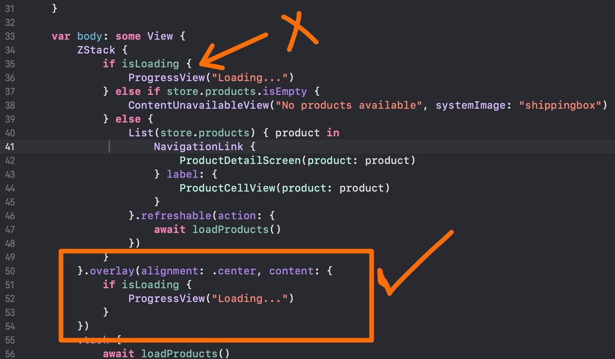 azamsharp's tweet image. If you are displaying ProgressView then use an overlay. Not using overlay can cause weird behavior. 

#swiftui