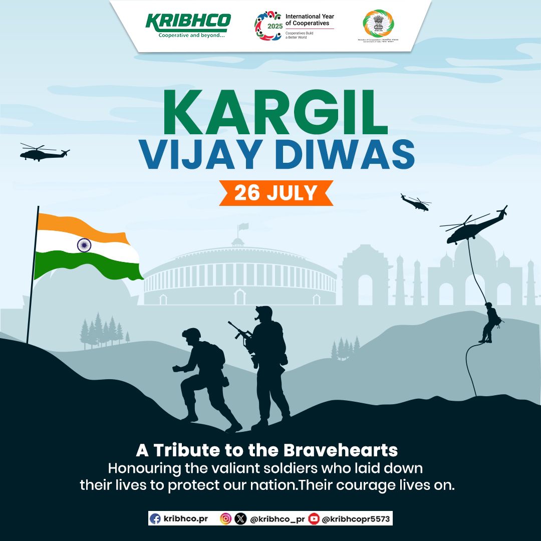 KRIBHCO_PR's tweet image. KRIBHCO pays heartfelt tribute to the brave soldiers who made the ultimate sacrifice for our nation.
Their unmatched courage and dedication continue to inspire every Indian.
Jai Hind.
#KargilVijayDiwas2025 #TributeToBravehearts #IndianArmy #JaiHind #KargilHeroes…