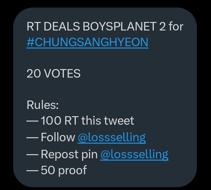 CSH_INA's tweet image. RT DEALS BOYSPLANET 2 for #CHUNGSANGHYEON
20 VOTES
Rules:
โ 100 RT this tweet
โ Follow @lossselling
โ Repost pin @lossselling
โ 50 proof