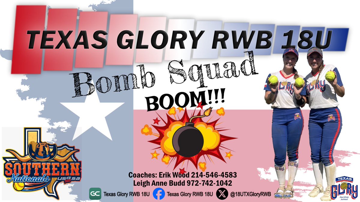 Check out these heavy hitters!
Catcher #12 Maddie Kerrigan
and
1B #55 Gracie Jones (Oklahoma Wesleyan University Commit)
Took the ball long today in pool play, back at it again tommorow as we kick off bracket play.
First pitch @ 11:40
Follow us on GameChanger: Texas Glory RWB 18U