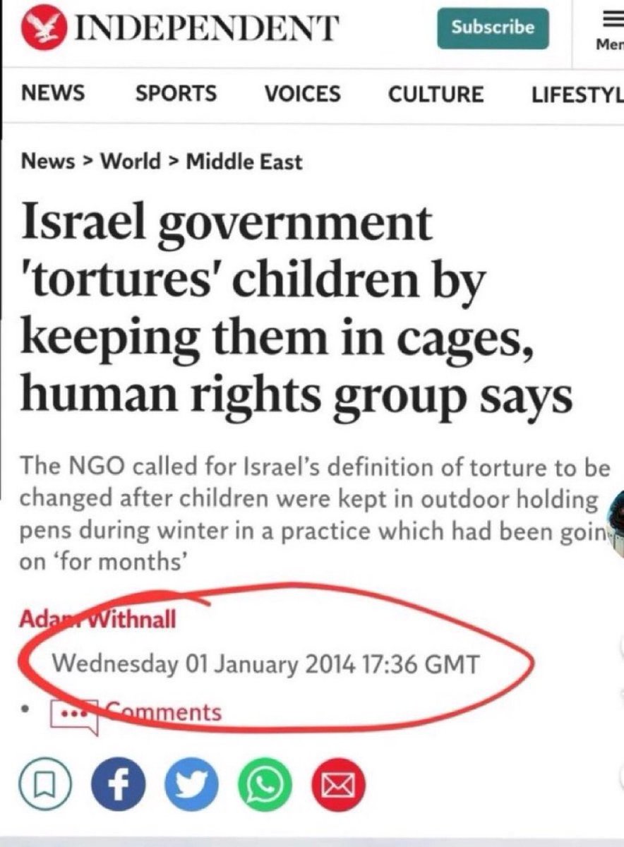 Aspirinheadach3's tweet image. ایندیپندنت سال ۲۰۱۴ و بسیار سال قبل از ۷ اکتبر:

گروه های حقوق بشری می گویند دولت اسراییل با نگهداری کودکان در قفس آنها را شکنجه می دهد. کودکان در طول زمستان در قفس و فضای باز نگهداری می شدند.